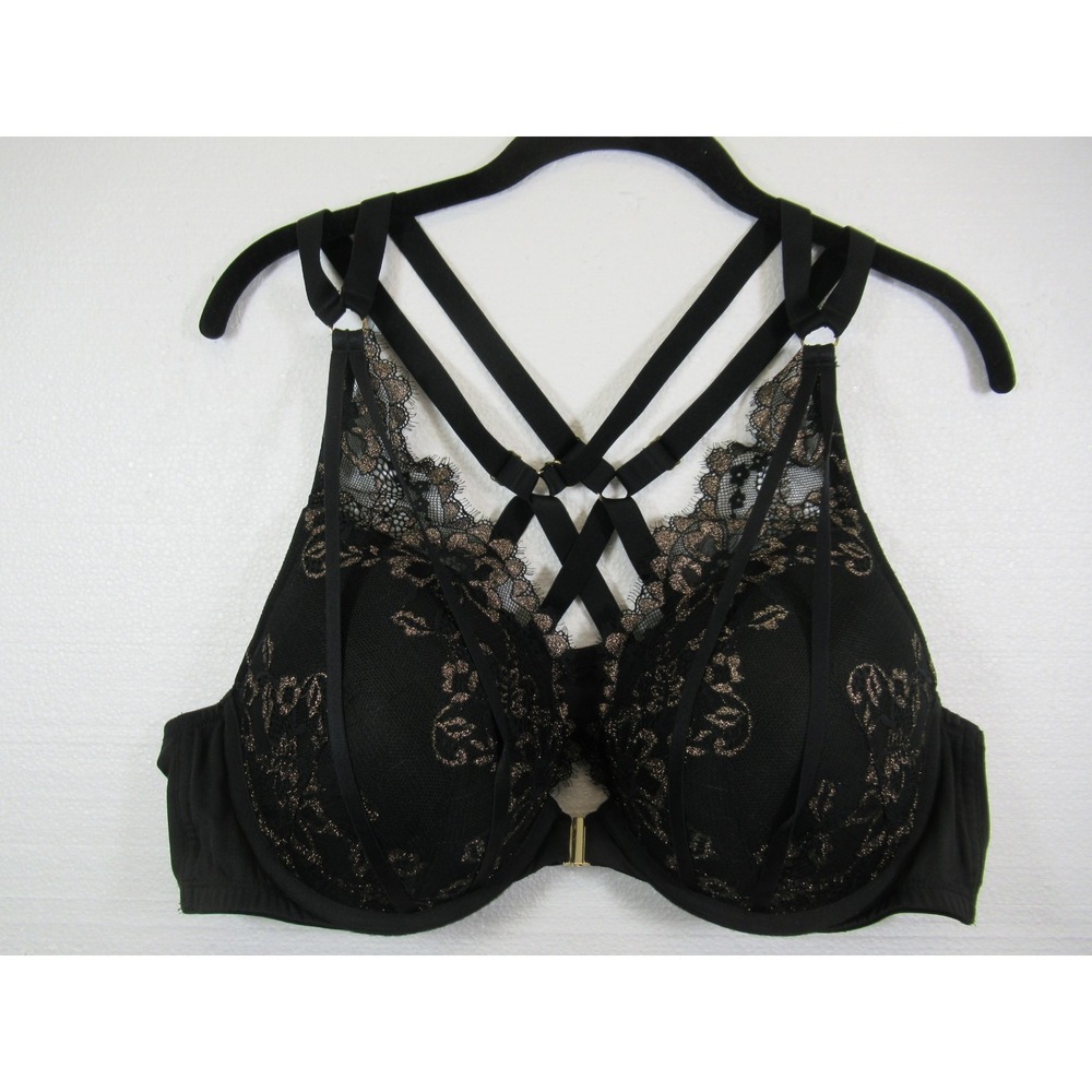 Cacique Caged Glitter Boost Plunge Bra 46B Black Front Close Underwire Lace
